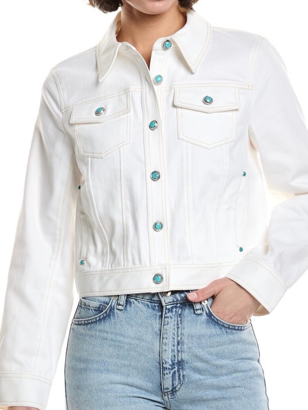 cinq a sept White Denim Jacket with Turquoise-Accent Buttons